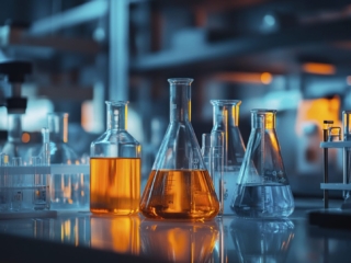 Many different glass and tubes and flasks with orange and blue liquid stand on a table in a high-tech laboratory with dark and cold lighting and backlighting from LED lamps with a warm orange color --ar 16:9 --style raw