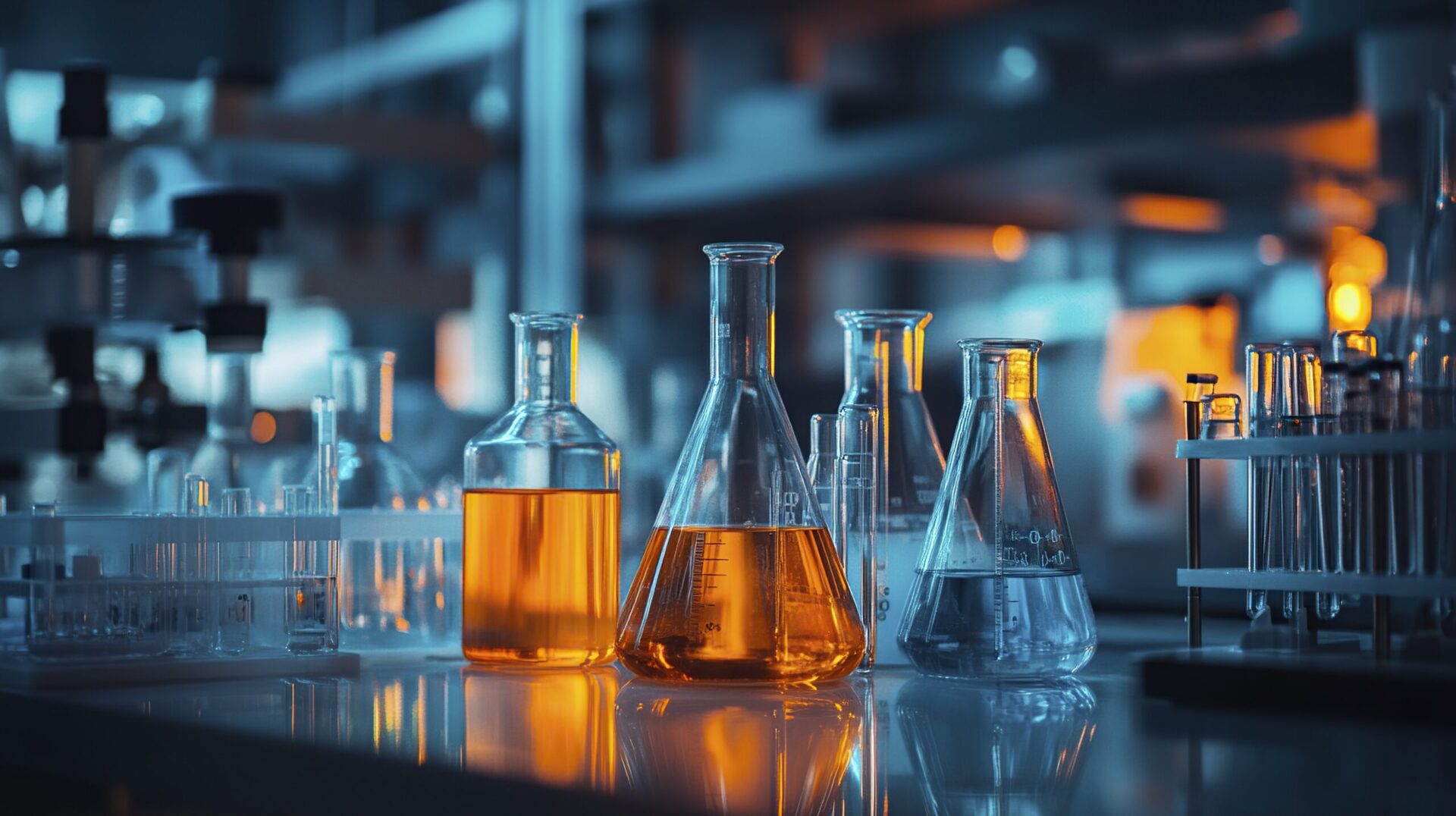 Many different glass and tubes and flasks with orange and blue liquid stand on a table in a high-tech laboratory with dark and cold lighting and backlighting from LED lamps with a warm orange color --ar 16:9 --style raw